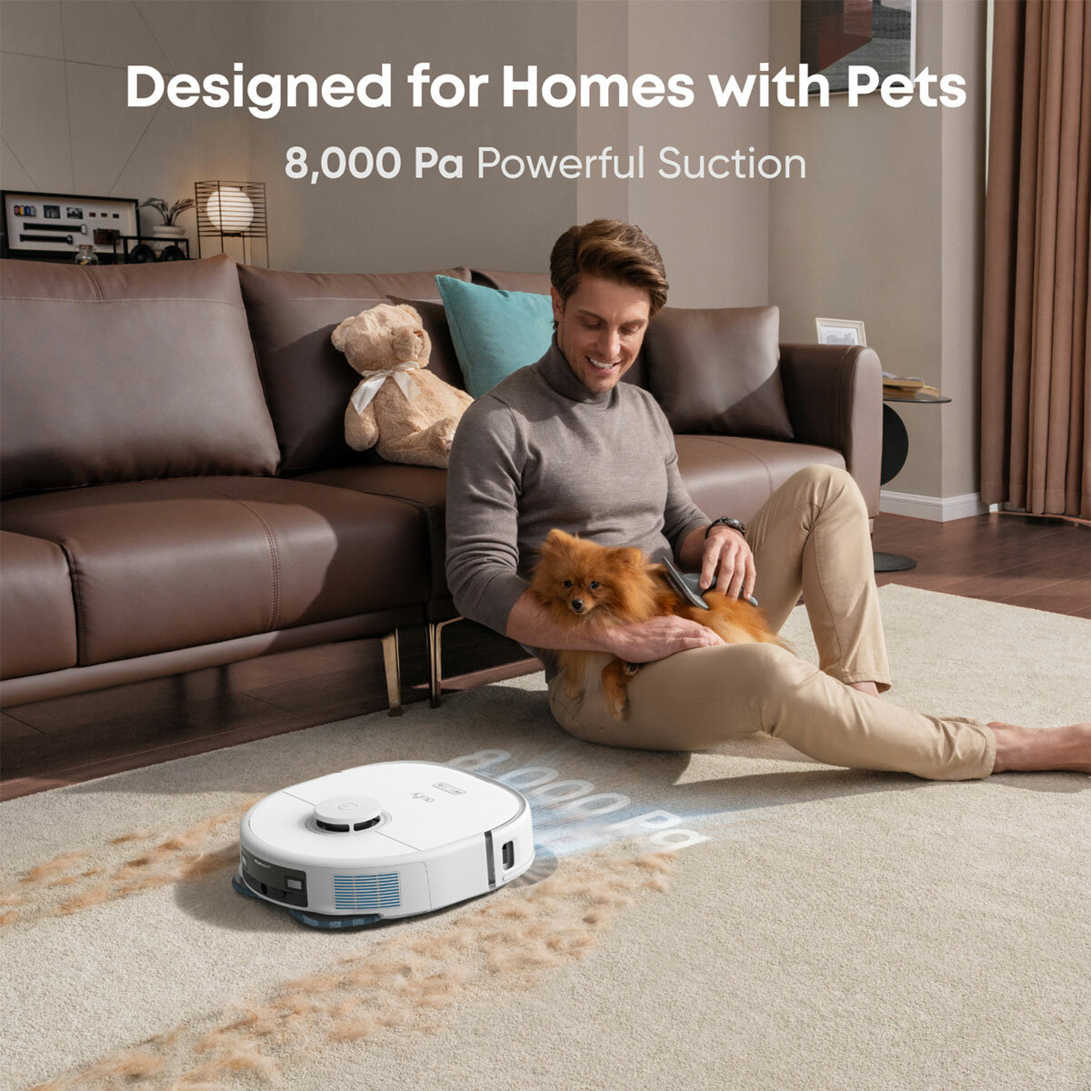 Lifestyle image of Eufy X10 Pro Omni Robot Vacuum & Mop, All-in-One Station designed for homes with pets with powerful suction