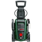 Green Bosch Pressure Washer standing upright with nozzle and wires tied away