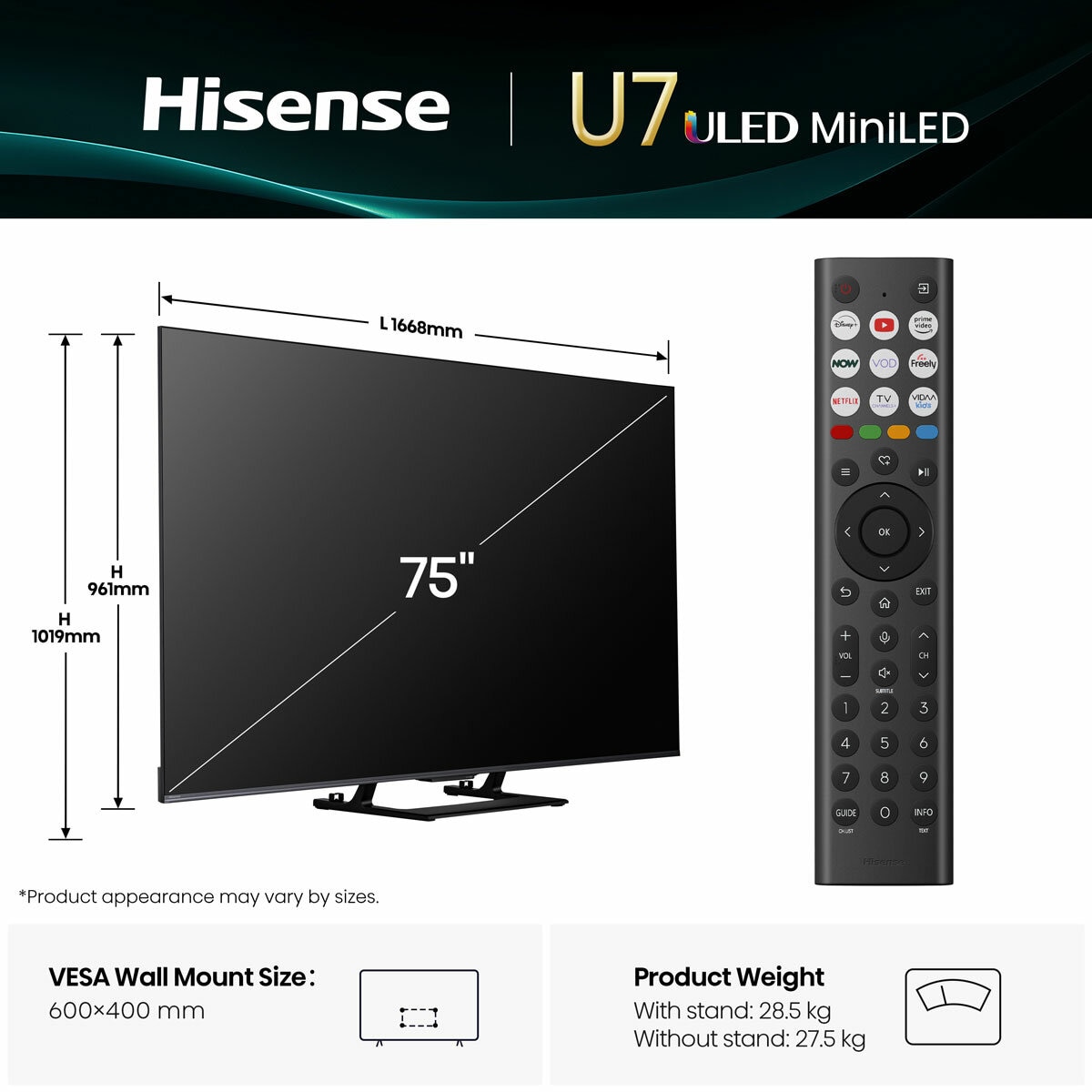 Hisense 75U7QTUK 75 Inch Mini LED HD Smart TV