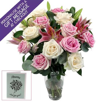 22 Stem Colombian Rose & Oriental Dutch Lily Flower Bouquet with Greetings Card