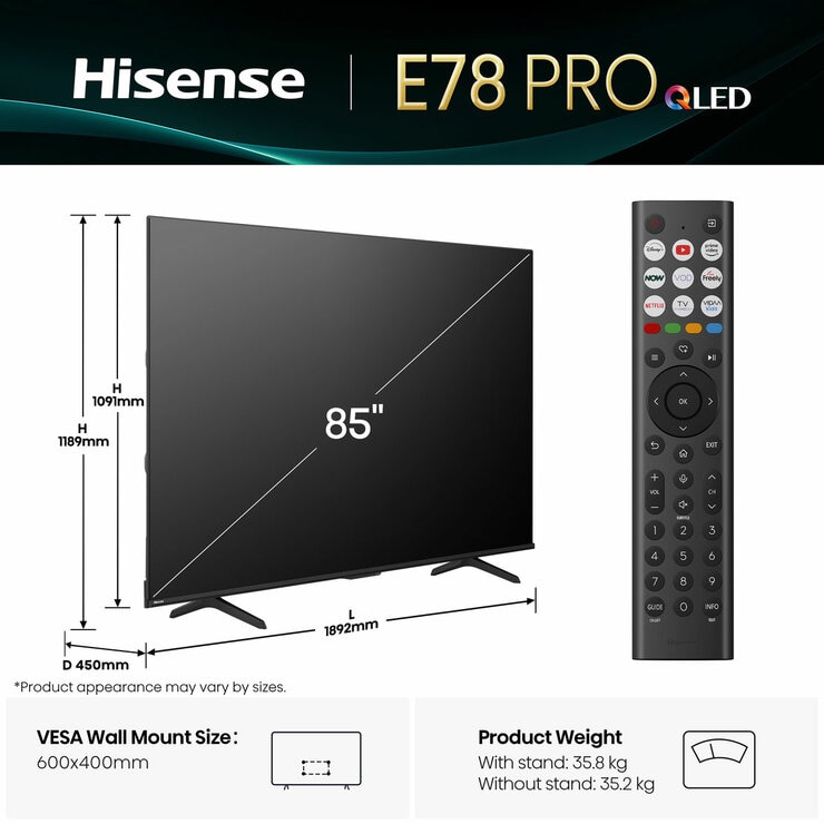 Hisense 85E78QTUK PRO 85 Inch QLED HD Smart TV