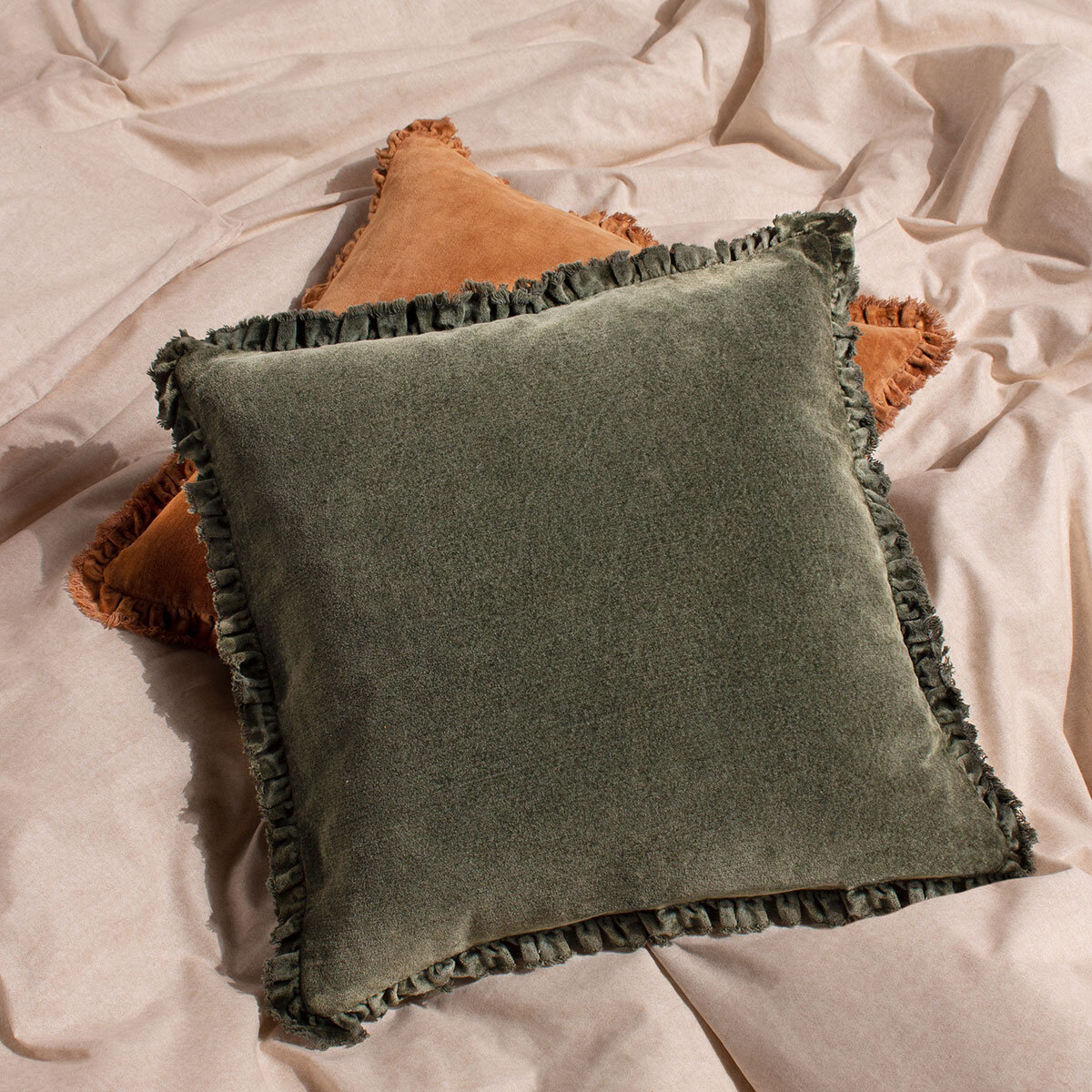 Furn Bertie Velvet Feather Fill Cushion 2 Pack in Moss, 45 x 45 cm