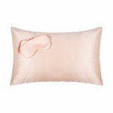 Pink silk pillowcase with matching sleep mask embroidered with "COCOON" . Luxurious sheen and soft finish promote beauty sleep and overnight care. Pink silk pillowcase with matching sleep mask embroidered with "COCOON" . Luxurious sheen and soft finish promote beauty sleep and overnight care.