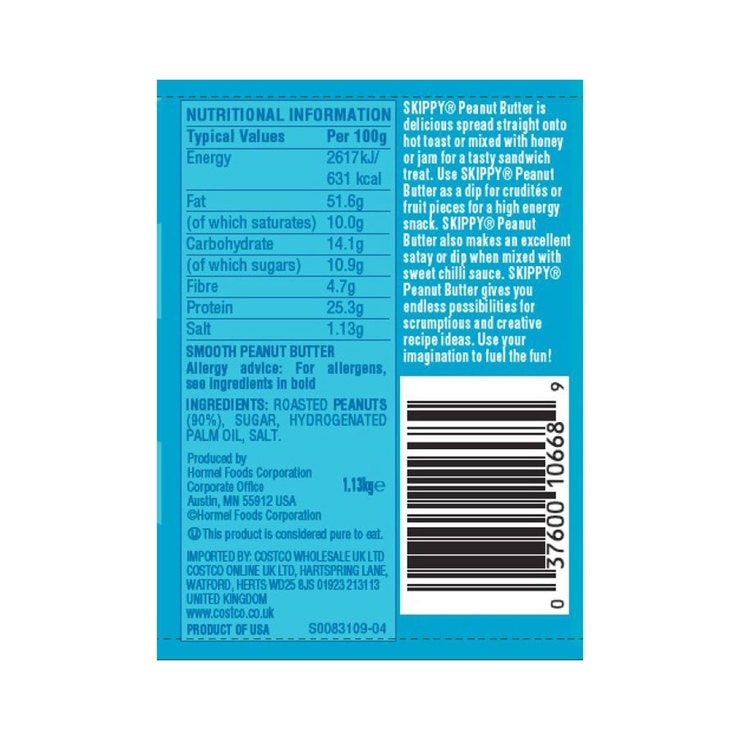Skippy Smooth Peanut Butter, 1.13kg Costco UK