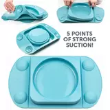 Lifestyle image of teal plate, all different angles showing suction points