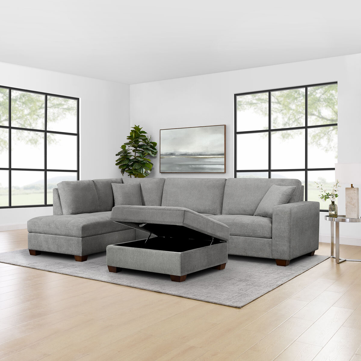 Thomasville Miles Grey Fabric Corner Sofa with Storage Ottoman