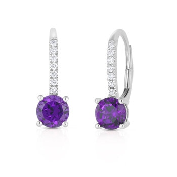 Round Cut Amethyst & 0.09ctw Diamond Earrings, 14ct White Gold