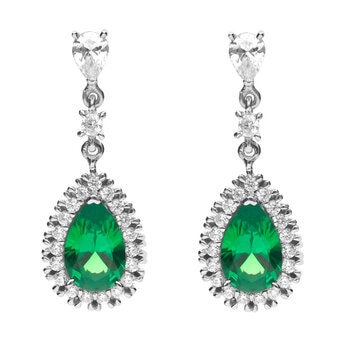 DiamonFire Sterling Silver Green Cubic Zirconia Teardrop Drop Earrings With Pave Surround