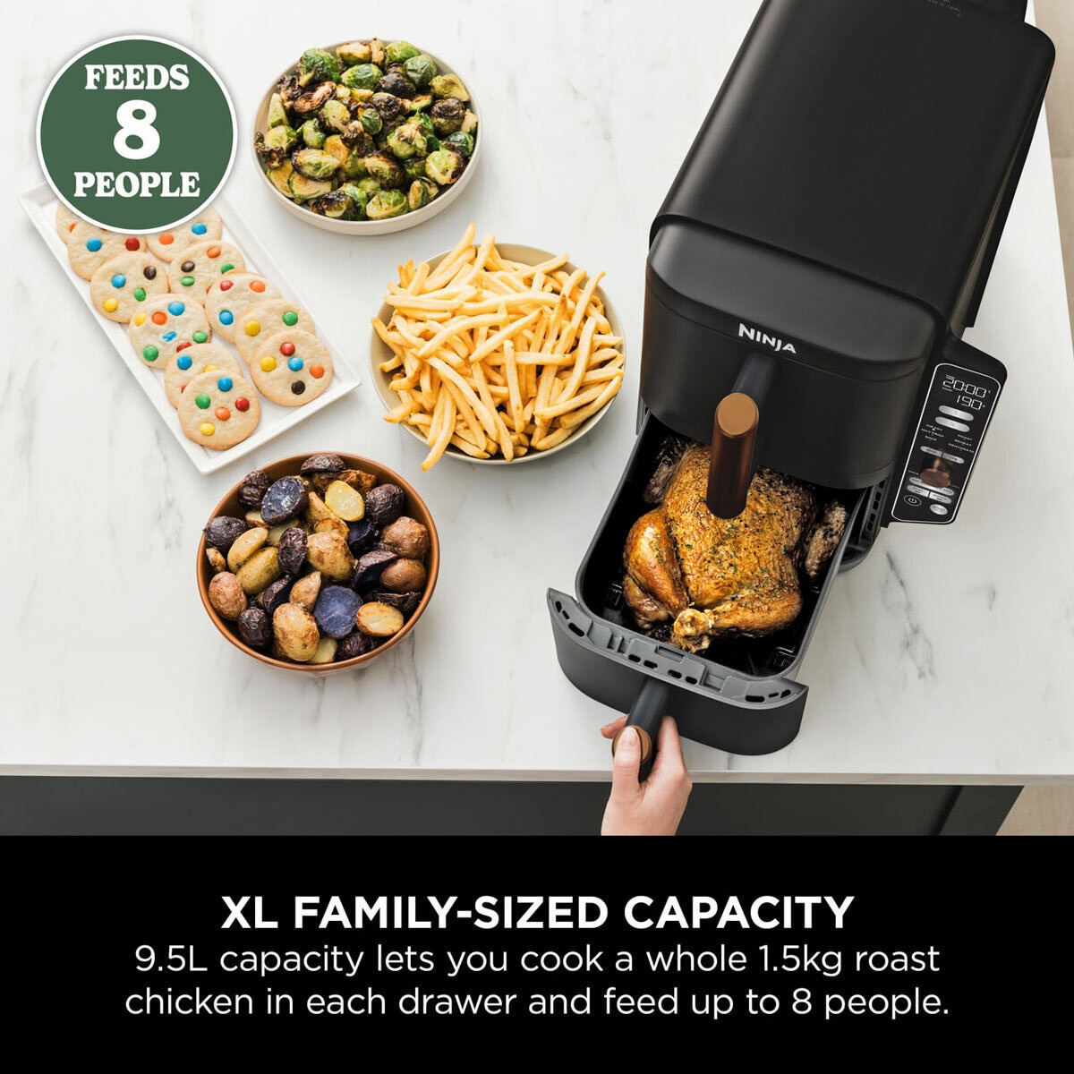 Lifestyle image of Ninja Double Stack 9.5L Air Fryer feeding up to 8 people