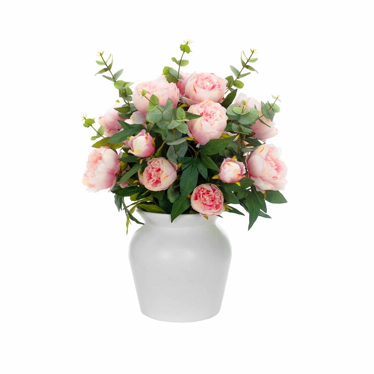 Artificial Peony & Eucalyptus Bouquet in Vase in 2 Colours