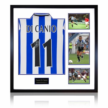 Paolo Di Canio Signed Framed Sheffield Wednesday 1998 Football Home Shirt including 3 Photos