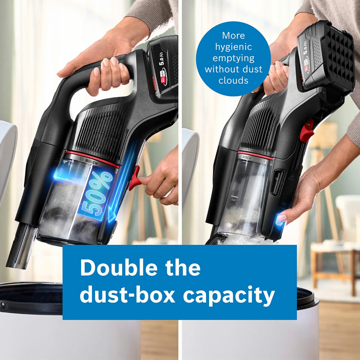 Lifestyle image showing hygienic emptying without dust clouds Lifestyle image showing hygienic emptying without dust clouds