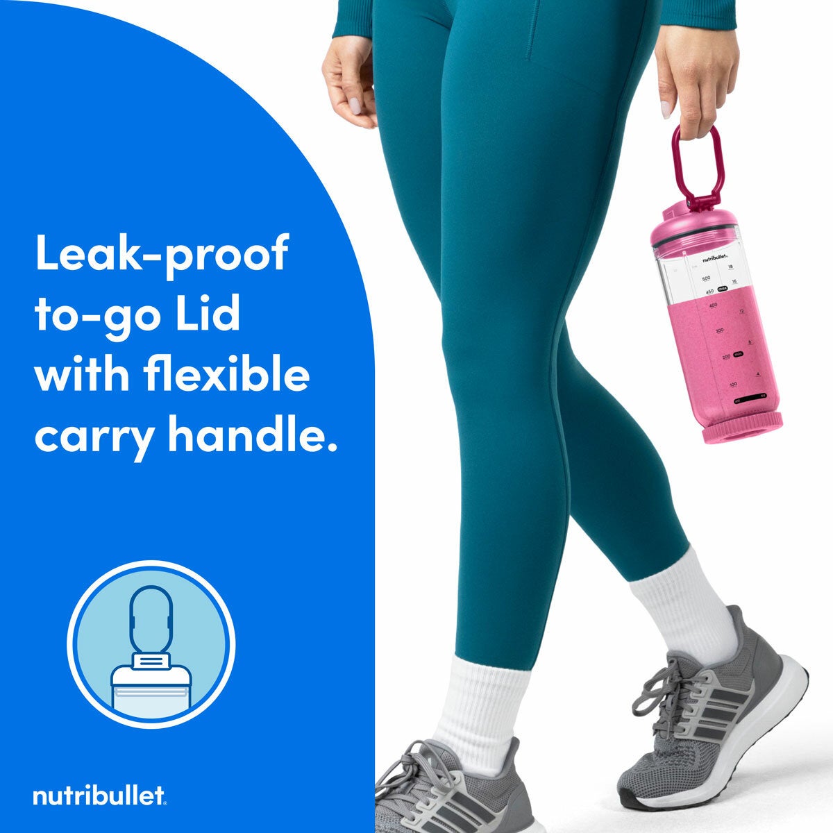 Lifestyle image of leak proof to go lid with flexible carry handle