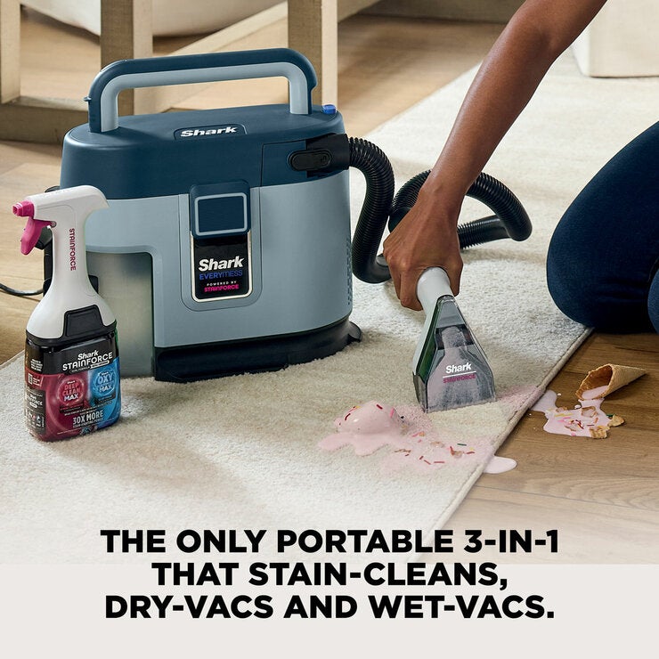 Lifestyle image showing stain cleaning, dry vacuuming and wet vacuuming
