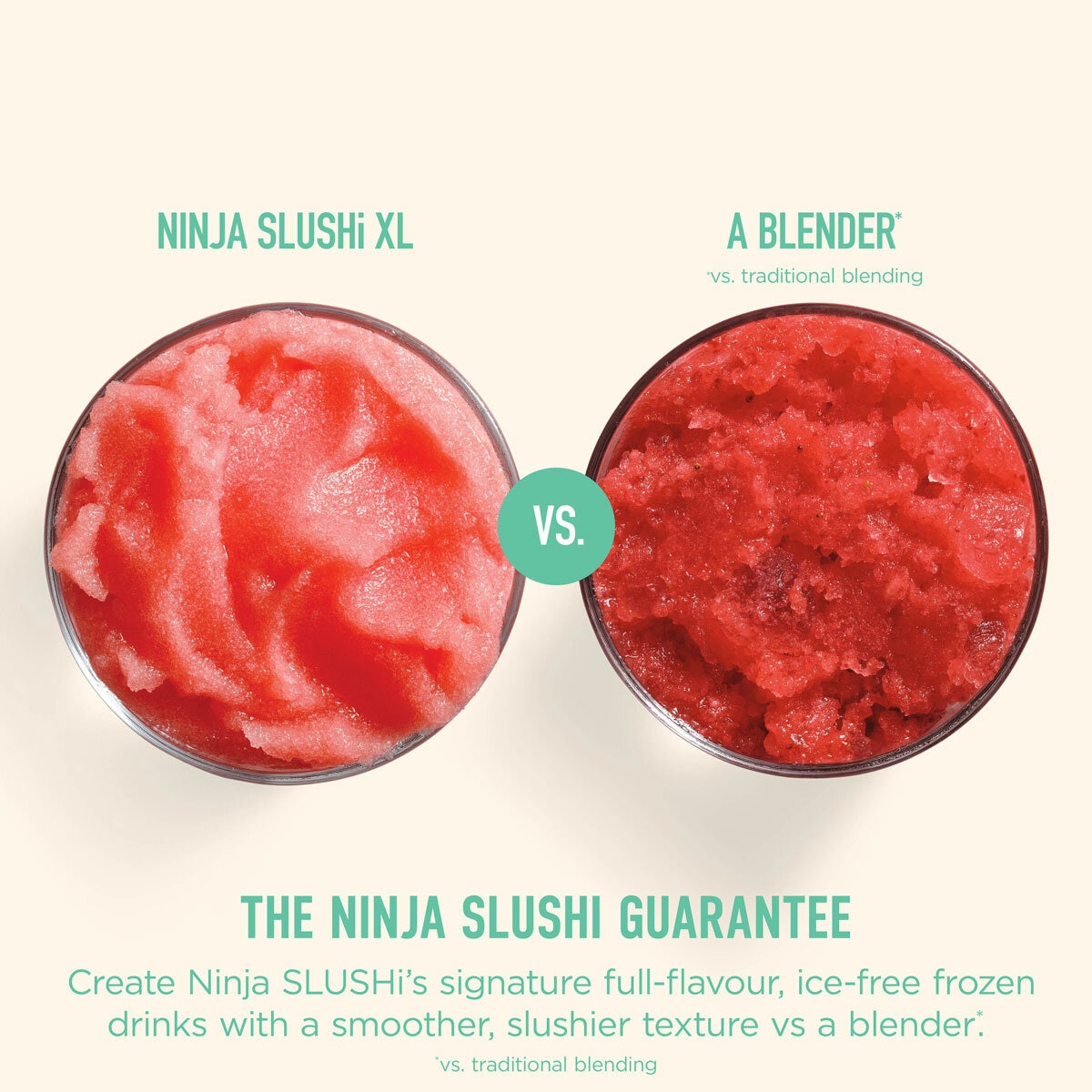 Lifestyle images of Ninja SLUSHi XL Frozen Drink Maker's slushi comparison with traditional blending