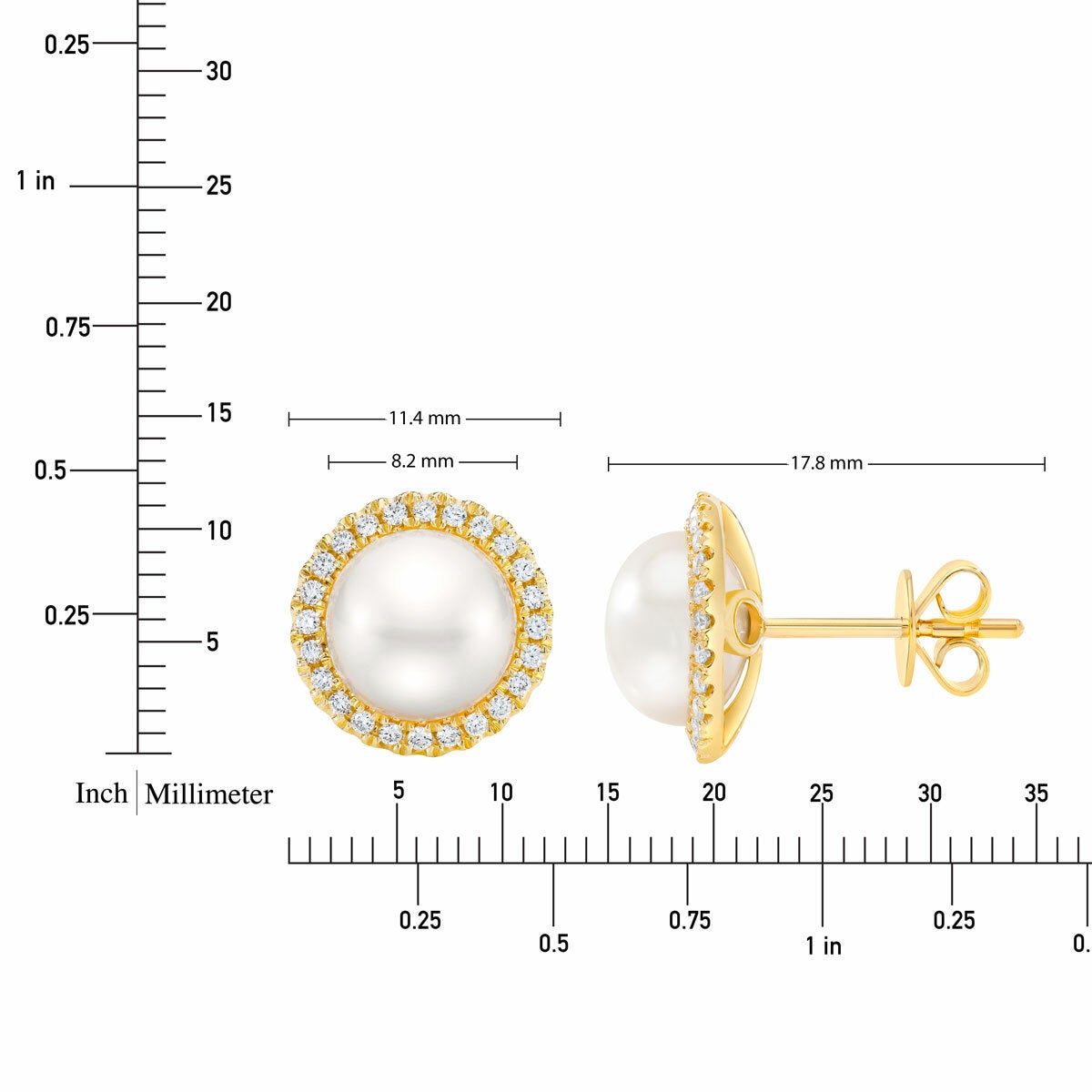 8-9mm Cultured Freshwater White Button Pearl & 0.25ctw Diamond Halo Earrings, 14ct Yellow Gold
