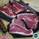 Taste Tradition Beef T-Bone Steaks, 4 x 450g presented on table with carving knives