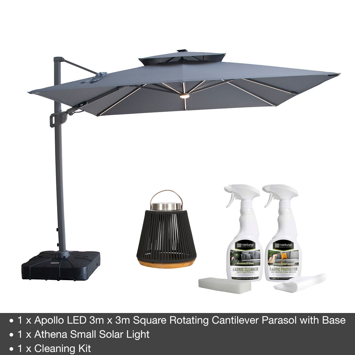 Maze Ethos Large Corner Patio Set + 10ft x 10ft Solar LED Cantilever Umbrella with Base