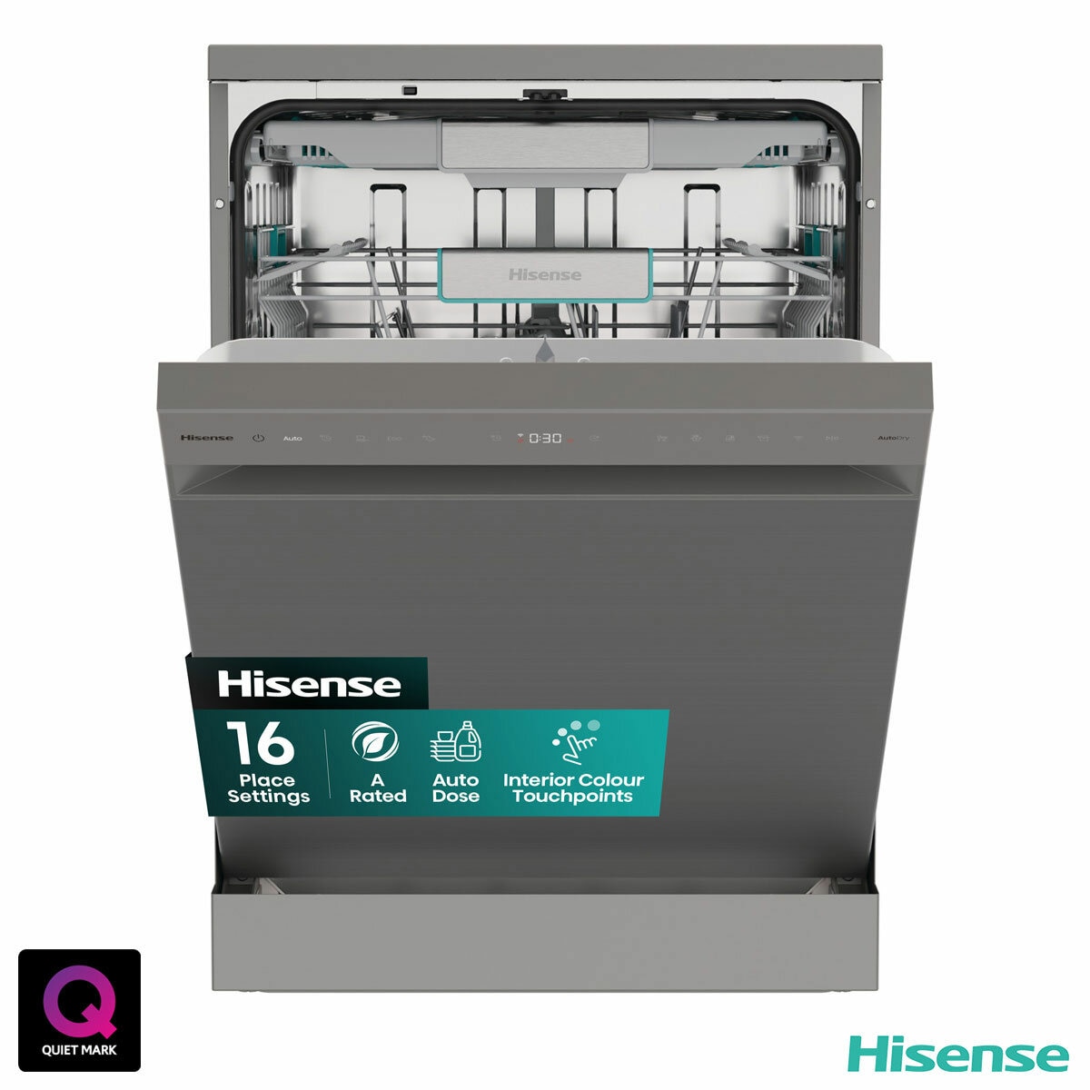 Hisense HS693A90XADUK 16 Place Settings, Freestanding Dishwasher, A Rated, in Silver Hisense HS693A90XADUK 16 Place Settings, Freestanding Dishwasher, A Rated, in Silver
