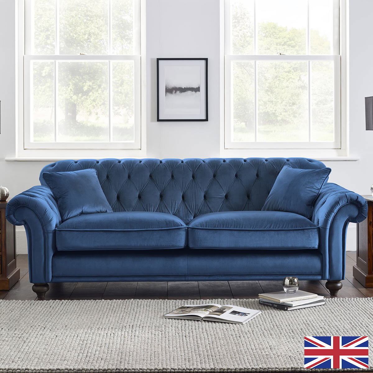 Bordeaux Button Back Blue Velvet 3 Seater Sofa