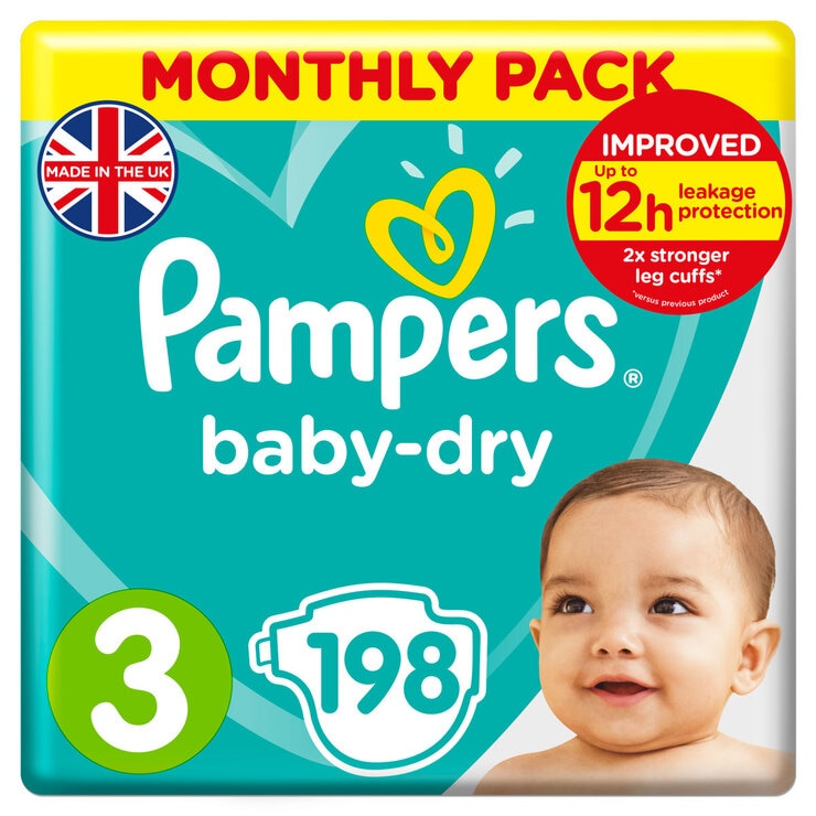 Pampers Baby Dry Nappies Size 3, Monthly 198 Pack Costco UK