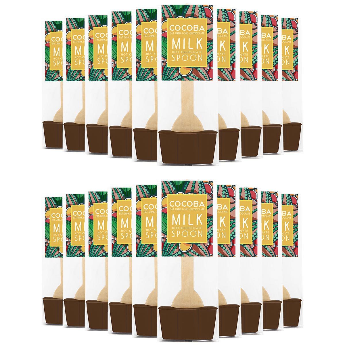 Image showing multiple chocolate spoons in a row on white background