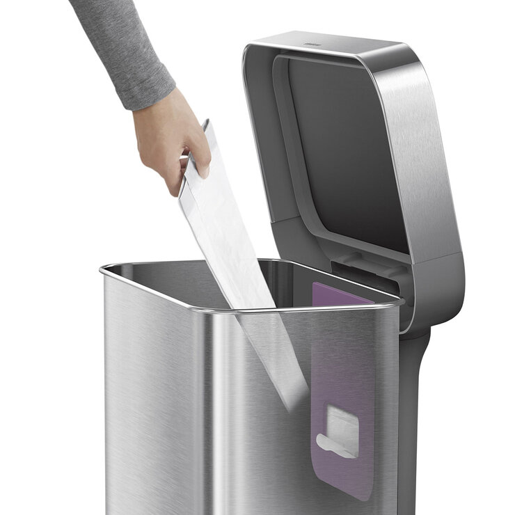 Bin bag feature Simplehuman 55L Rectangular Step Bin, Brushed Stainless Steel with Grey Plastic Lid
