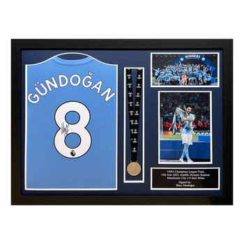 Gundogan Signed Framed Manchester City Shirt & Champions League Medal