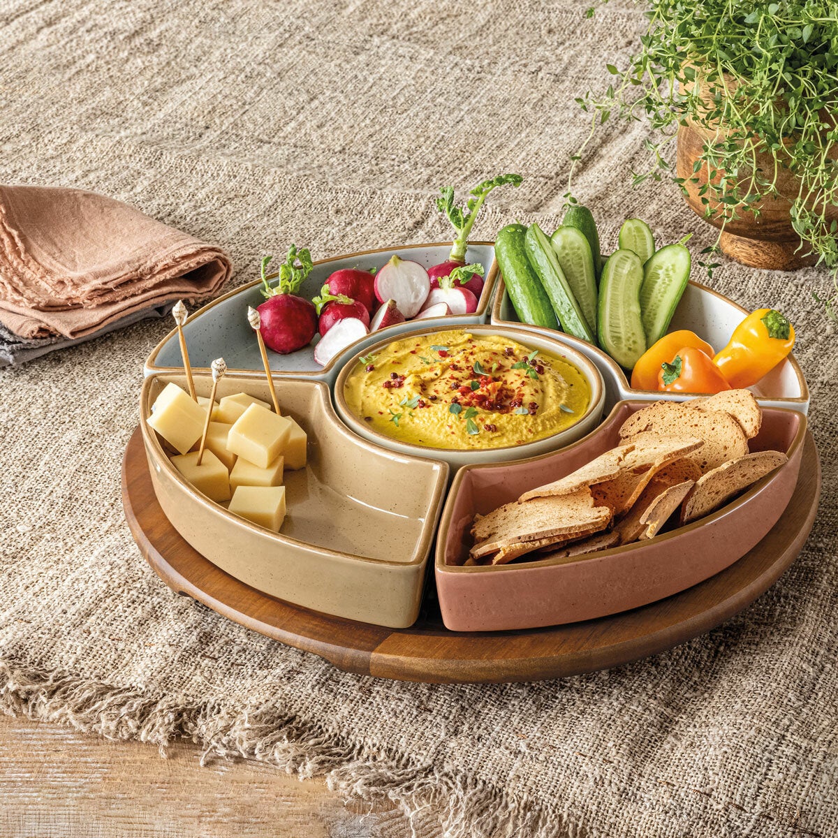 Over & Back Acacia Lazy Susan, with 5 Stoneware Dishes Over & Back Acacia Lazy Susan, with 5 Stoneware Dishes