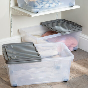 Wham 45 Litre Clear/Cool Grey Box with Wheels & Folding Lid - 5 Pack