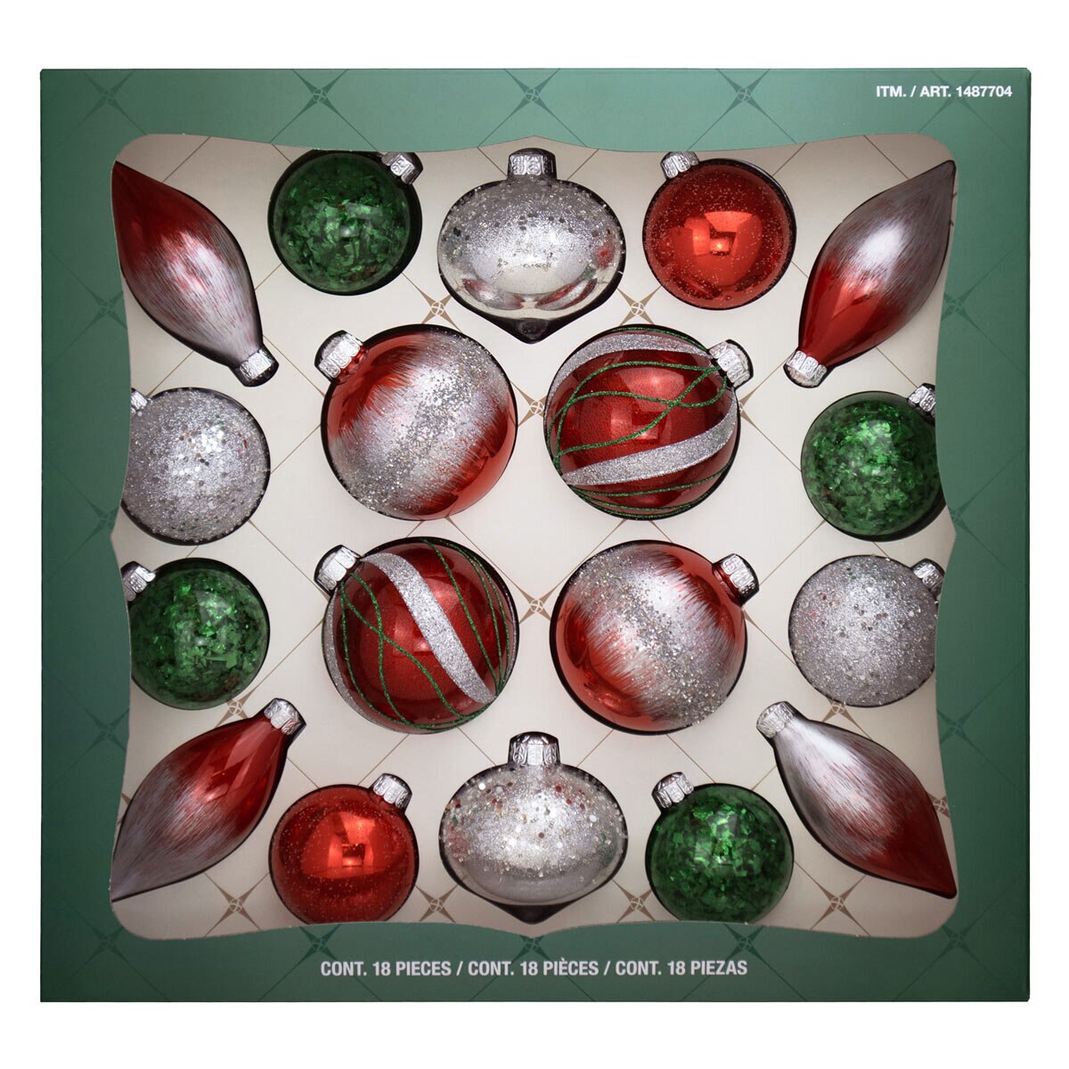 Buy 18 Piece Glass Green Ornament Set Box Image at Costco.co.uk