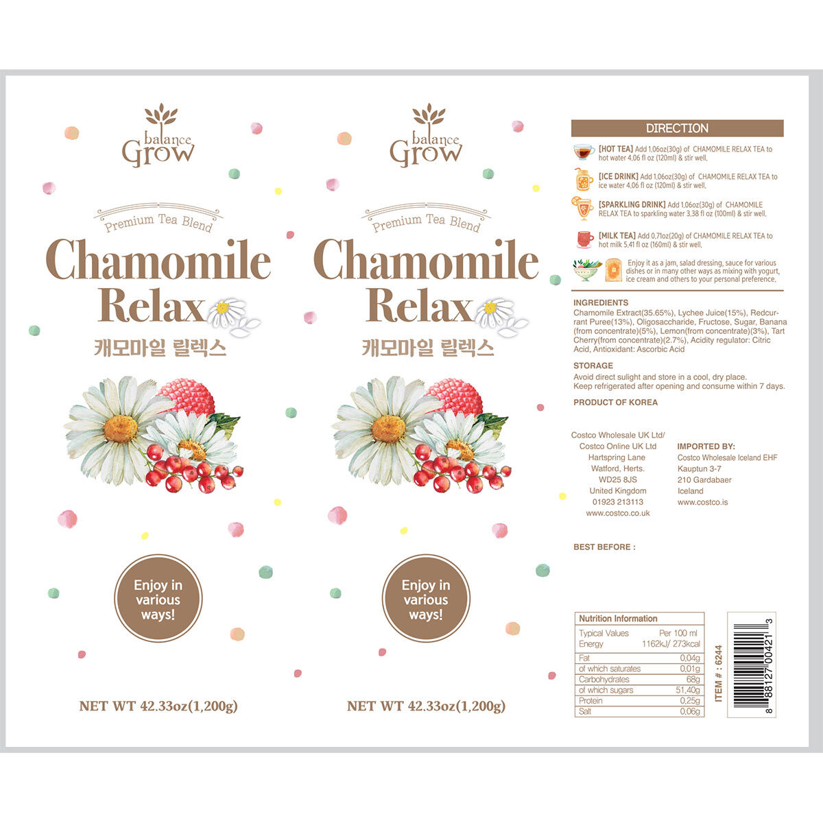 Balance Grow Chamomile Relax Premium Tea Blend, 1L