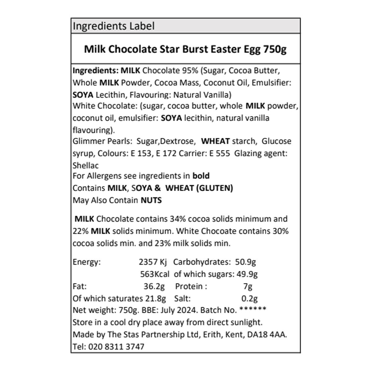 STAS Belgian Chocolate Easter Egg, 750g