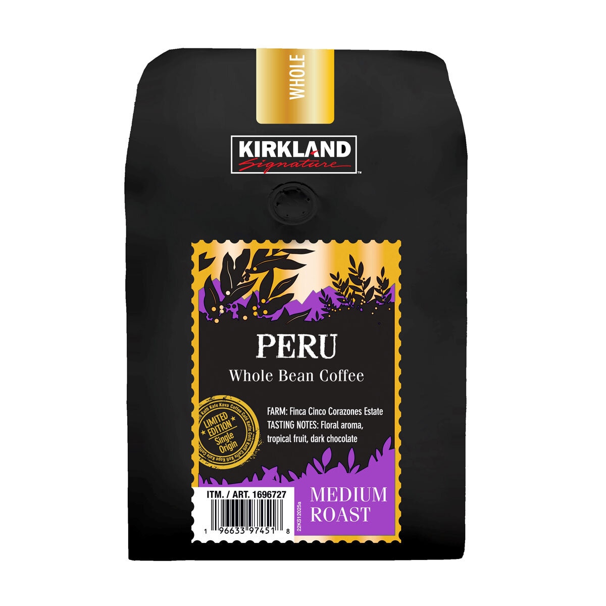 1 bag of coffee with purple and gold label