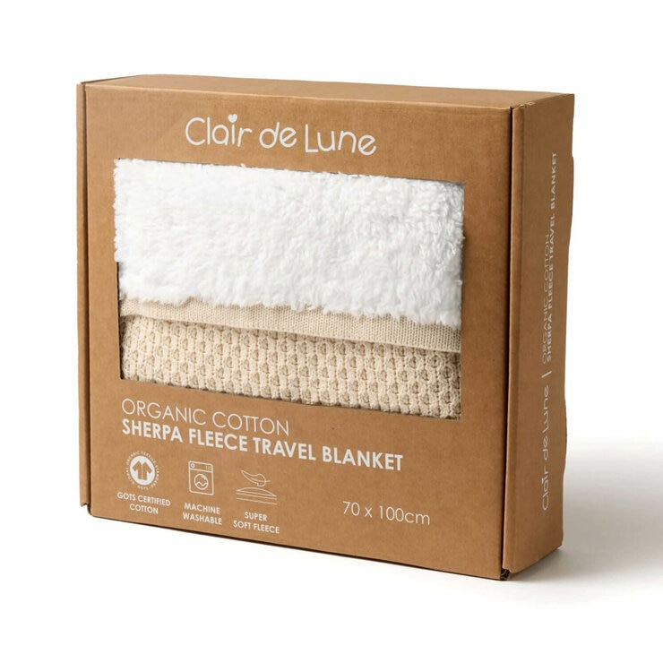 Clair De Lune Organic Cotton Cream Sherpa Fleece Travel Blanket, 70 x 100 cm