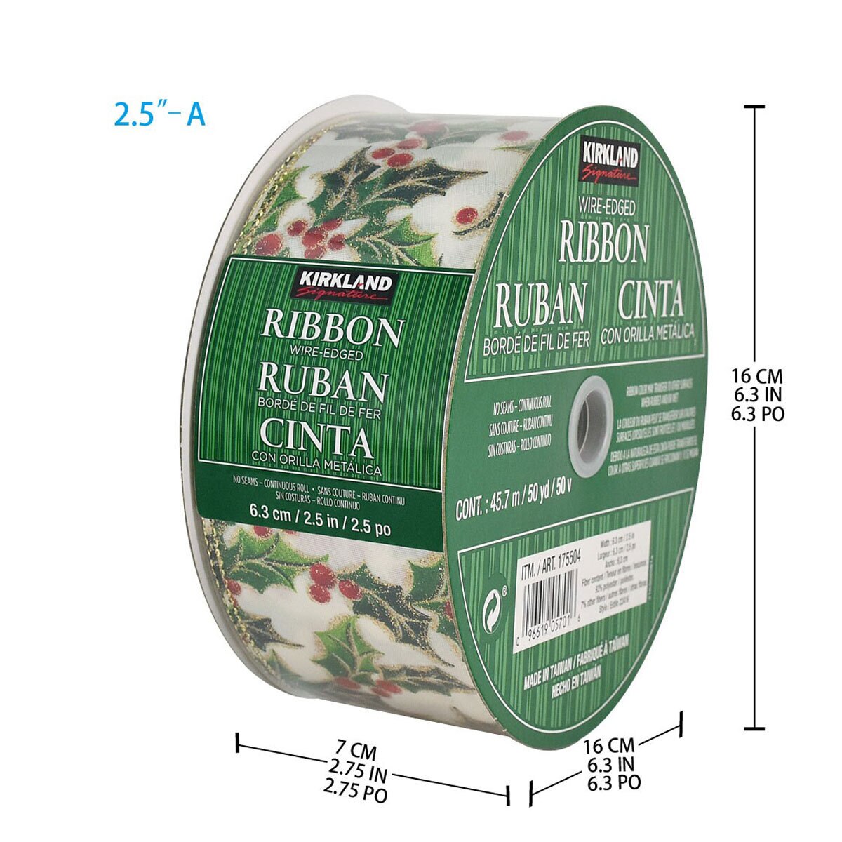 Buy Kirkland Signature Wire Edge Ribbon Traditional Red / Green Packaging Dimensions Image at Costco.co.uk