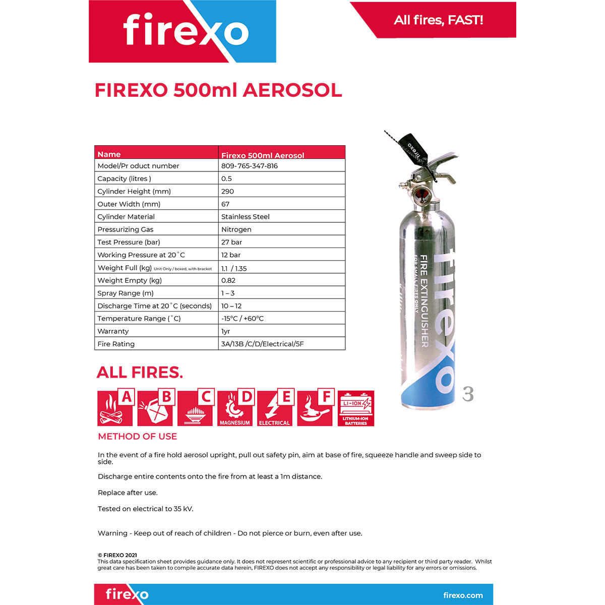 Firexo 500ml Aerosol Extinguisher - Suitable for all Fire Types - 2 Pack