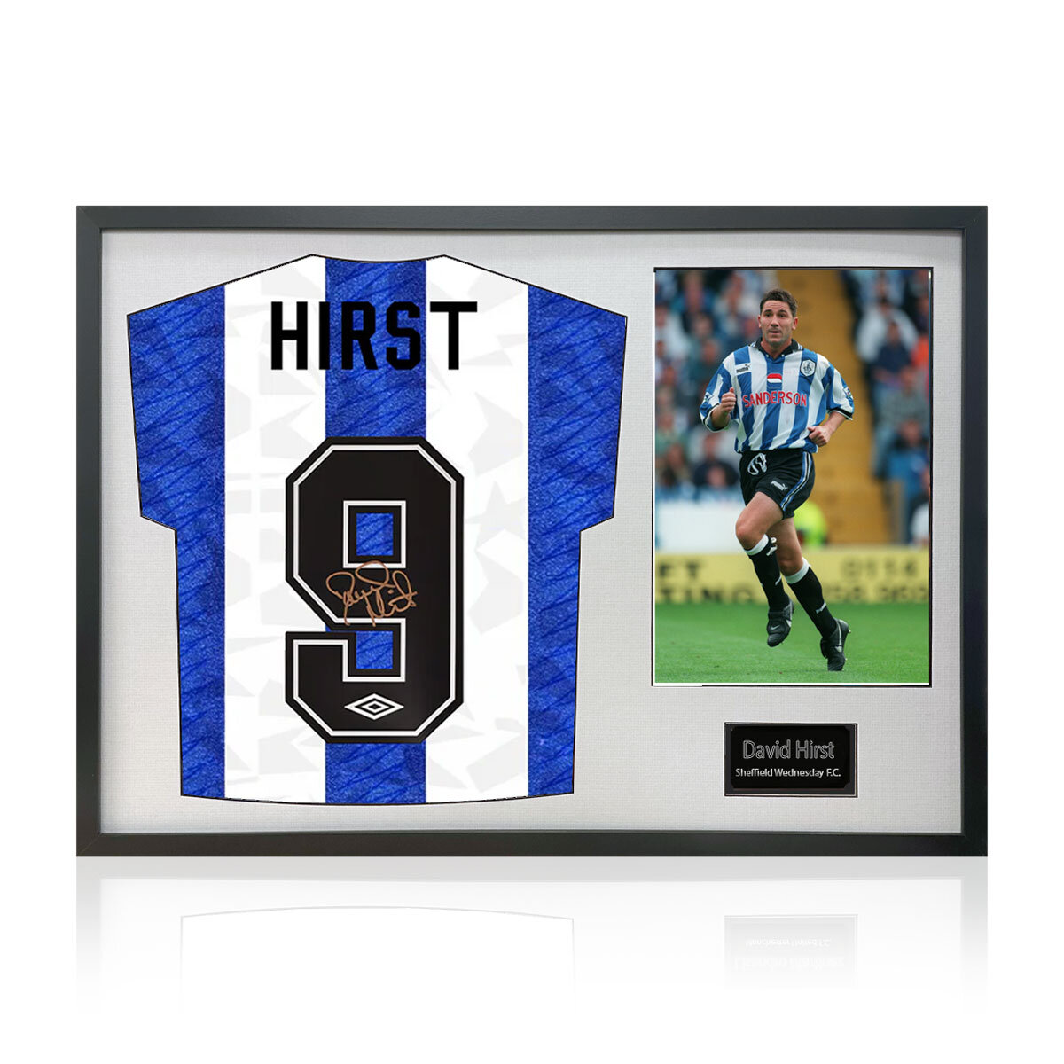David Hirst Signed Framed SWFC Football Shirt including 1 Photo in 2 Options: White or Black Mount