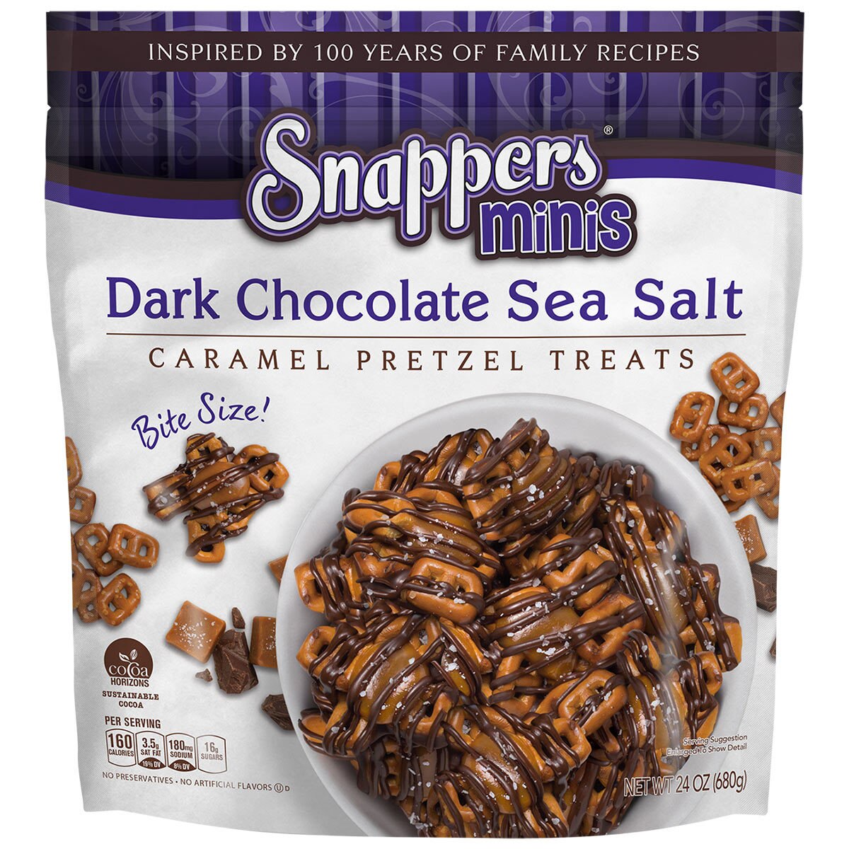 Snappers Minis Dark Chocolate Sea Salted Caramel Pretzel Treats, 680g
