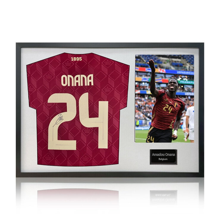 Amadou Onana Signed Framed Belgium Football Shirt including 1 Photo, with White Mount Amadou Onana Signed Framed Belgium Football Shirt including 1 Photo, with White Mount