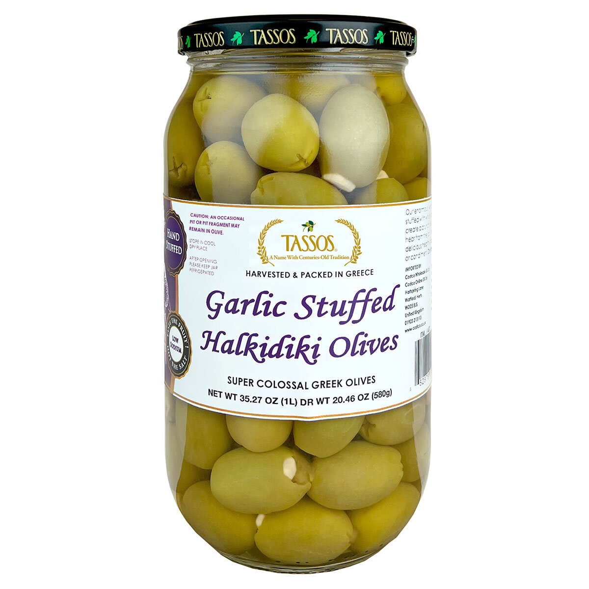 Tassos Garlic Stuffed Super Colossal Olives, 992g