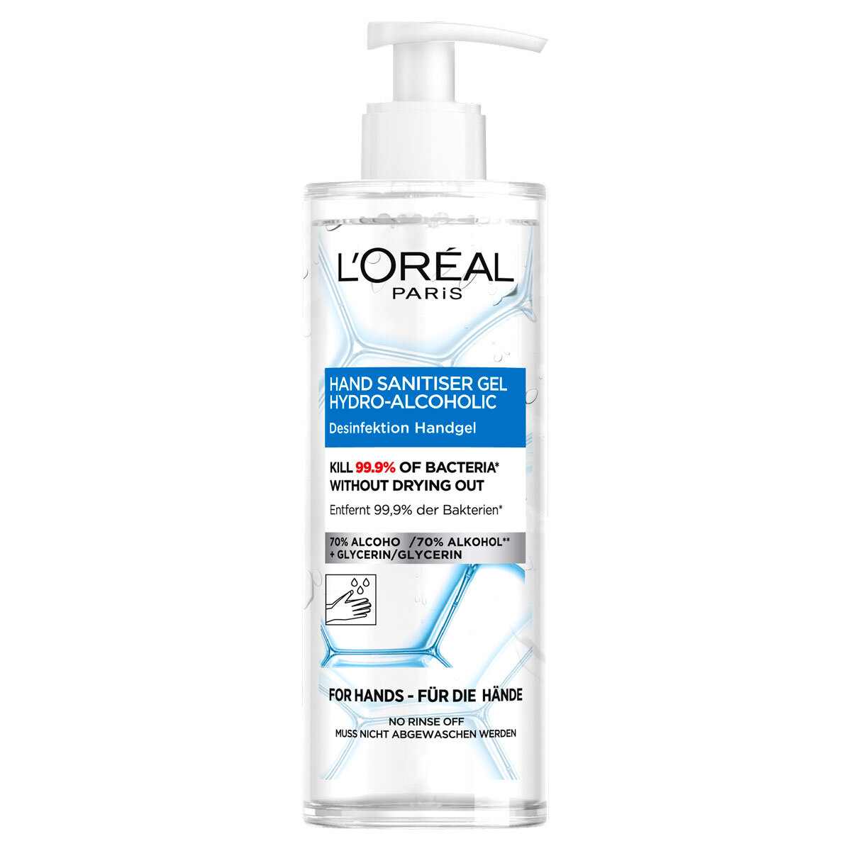 L'Oreal Skin Expert Hand Sanitiser Gel with Pump, 6 x 390ml