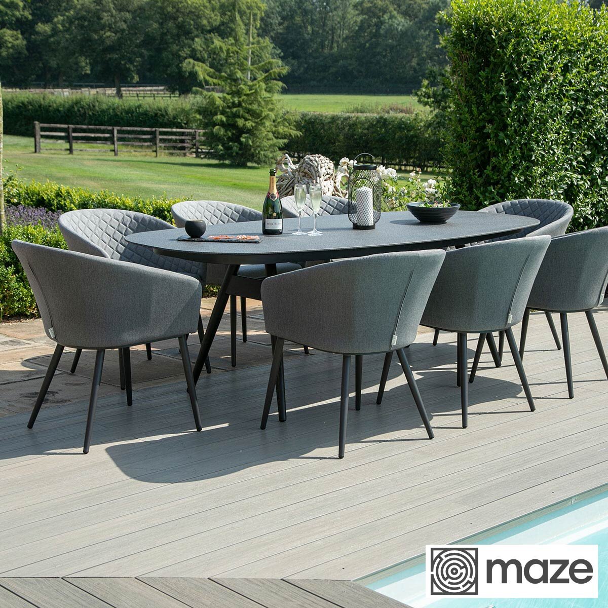 Maze Ambition 9 Piece Oval Dining Patio Set + Cover (in Grey)