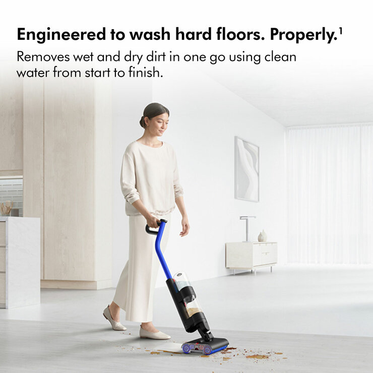 Lifestyle images of Dyson WashG1 wet floor cleaner being used on hard floor