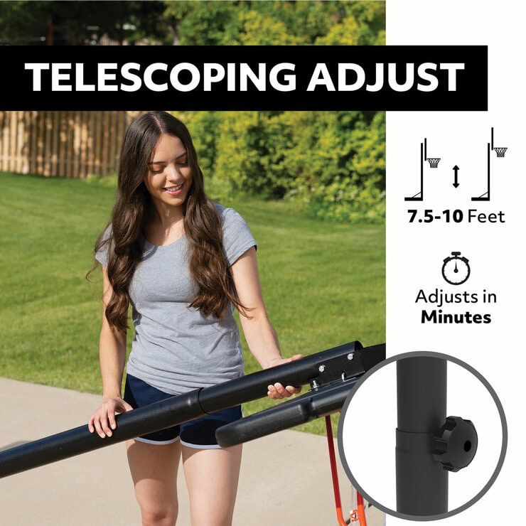 Image showing the basketball hoop system's telescoping adjust from 7.5 to 10 feet