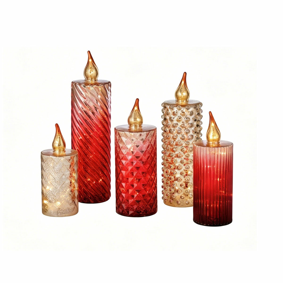 Glass LED Candles In Red - Set Of 5