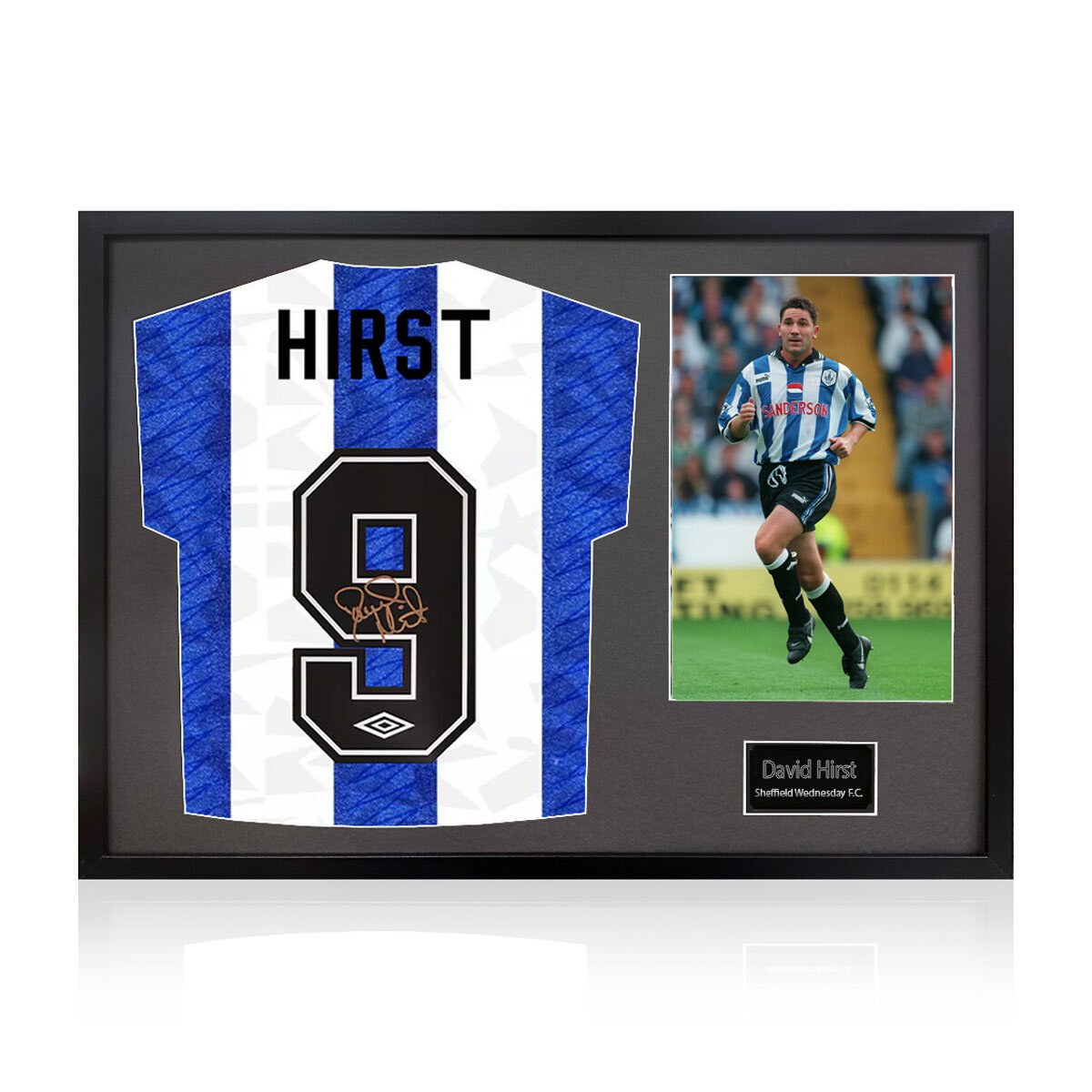 David Hirst Signed Framed SWFC Football Shirt including 1 Photo in 2 Options: White or Black Mount