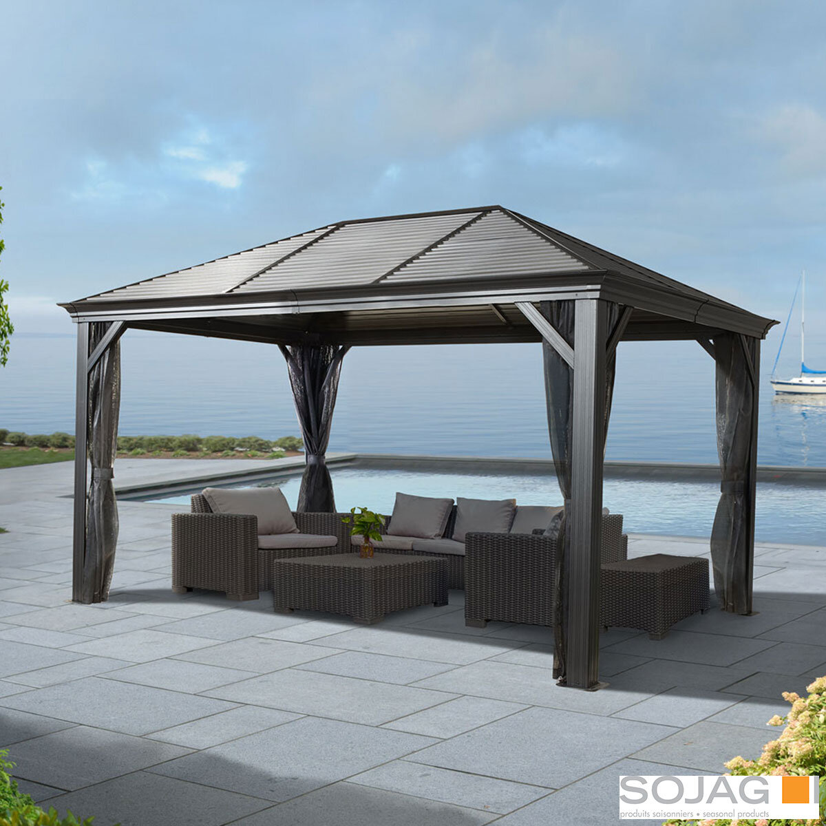 Sojag Mykonos 12ft x 16ft (3.53 x 4.74m) Aluminium Frame Sun Shelter with Galvanised Steel Roof + Insect Netting