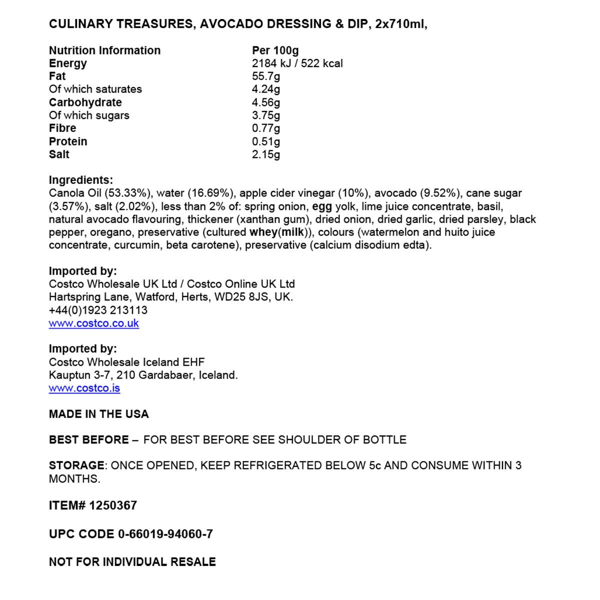 Culinary Treasures Avocado Goddess Dressing & Dip, 2 x 710ml Costco UK