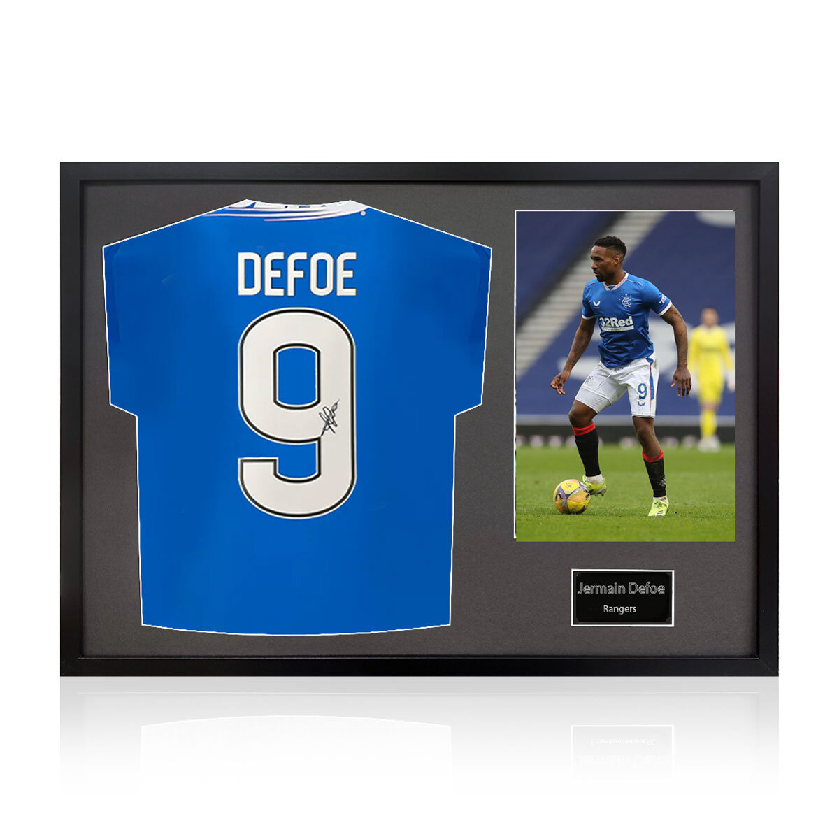 Jermain Defoe Signed Framed Rangers Football Shirt including 1 Photo in 2 Options: White or Black Mount